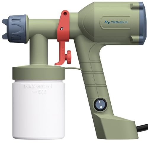 Tilswall HVLP Pistolet de peinture électrique ultra léger avec tasse amovible de 600 ml, 2 buses et 3 motifs, parfait pour meubles, armoires, clôtures, murs, portes, jardin et bricolage, vert olive