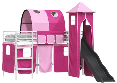 vidaXL Kinderloftbett Weiß und Rosa 90 x 190 cm Metall, Kindermöbel, multifunktionales Hochbett mit Rutsche, modernes Schlafpod, cooooler Etagenrahmen