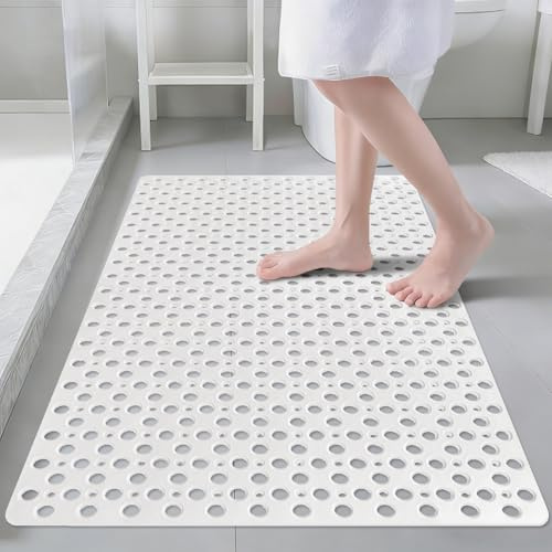 Lurowo Shower Mats Non Slip Anti Mould, 60 x 90 Large Shower Mats with Suction Cups for Shower inside, Machine Washable Tub Mat with Drain Holes (Pure White)