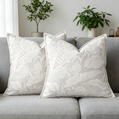 Joymaison Kissenbezüge 45x45 2er Set Weiß Tropisch Palmblätter Jacquard | Deko Kissenhülle Frühling Sommer Weiche Chenille Landhausstil Nordische Dekorative Kissenbezug Kissen für Couch Sofa