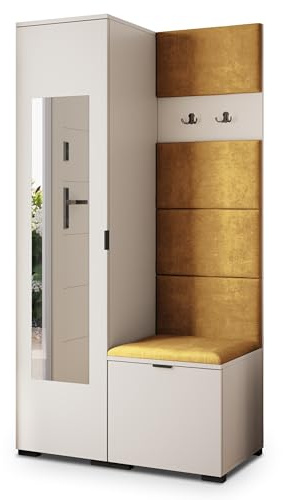 Masseno Flugarderoben Set VIRA, Kleiderschrank-Set mit Spiegel und Sitzbank, Garderobenschrank Flur mit 3 Regalböden, Kaschmir