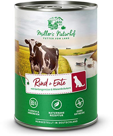 Müllers Naturhof - Rind und Ente - 6 x 400 g - Nassfutter für alle Hunderassen - getreidefrei und glutenfrei - mit Gartengemüse und Wiesenkräutern - naturnahe Rezeptur mit 65% Fleisch