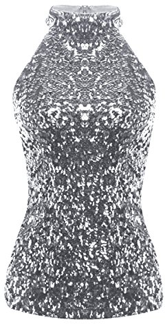 iiniim Damen Tank Tops Rollkragen Ärmellos Weste Pailletten T-Shirt Sommer Top Unterhemd Unterwäsche A Silber Einheitsgröße