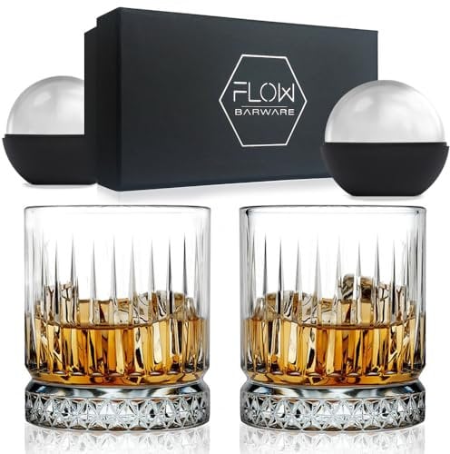 FLOW Barware GEO Whiskey Glasses | Whisky Glass with Ice Ball Mould Gift Set | Whiskey Glasses Set of 2 | Heavy Whisky Tumbler for Scotch, Bourbon, Rum, Gin & Tonic & Negroni Cocktail