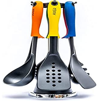 Axer Set d'Ustensiles de Cuisine en Nylon avec Support Rotatif & Système Surélevé - Set Multicolore de 6 Outils de Cuisson - une Cuillère, une Louche, un Ecumoire, une Spatule & un Serveur de Pâtes