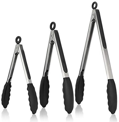 U-Taste Pince Cuisine Lot de 3 Pinces Barbecue en 18/8 Acier Inoxydable Ustensiles Cuisine avec Poignée Silicone Résistante à La Chaleur 315℃ Pince Buffet Anti-adhé, sans BPA (Noir)