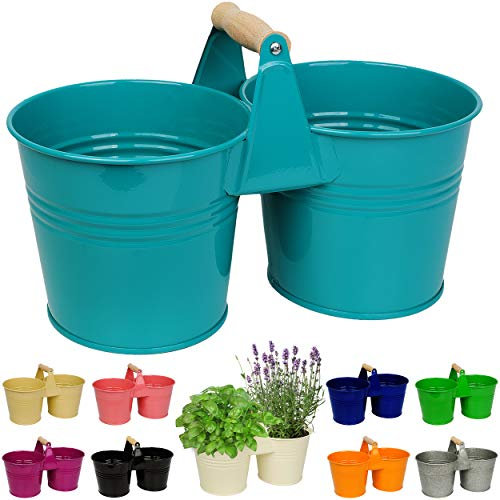 alles-meine.de GmbH Design - doppelter 2er - Topf - Blumentopf/Pflanzkübel/Pflanzschale - Metall - mit Holzgriff/Henkel - türkis blau/Mint - 34 cm - RUND - frostsicher - ..