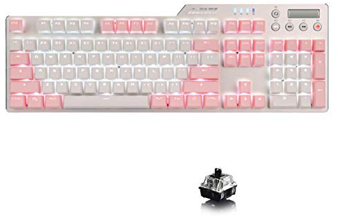 Lomi-luskr AK35i Mechanical Gaming Keyboard, 104 Keys and 6 Media Keys Anti-Ghosting, 2 Colors PBT Keycap, Elegant White Backlight, Aluminum Panel (Black Switch/White Backlight, Pink&White)