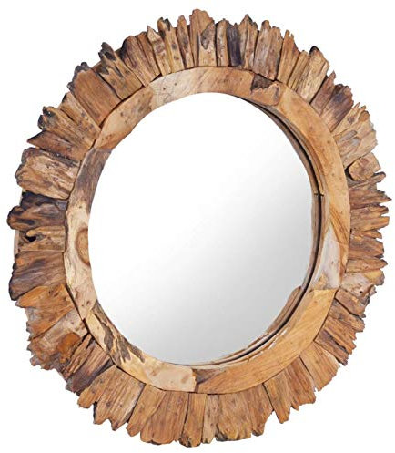 Tidyard Wandspiegel Teak-Spiegel Mit Montagehaken,Badezimmerspiegel Badspiegel Rahmen Mit Blütenblatt-Muster,Durchmesser:60 cm,Teak-Massivholz und Glas,Rund