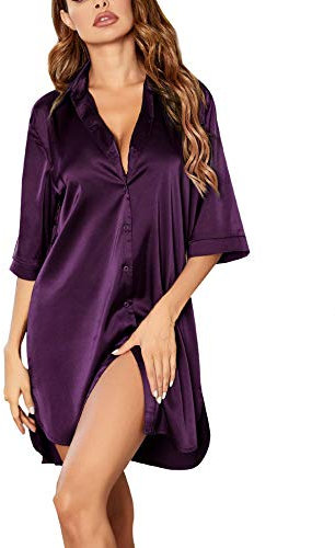Ekouaer Chemise de Nuit Femme 3/4 Manches Longues Ete Satin Grande Taille Sexy Chic Courte Vêtements de Nuit Femme, Violet Foncé, L