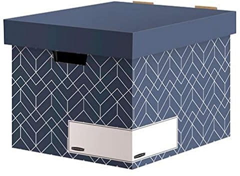 BANKERS BOX Archivbox mit Deckel, Décor Serie für Büro und Zuhause, stabil, mit Grifflöchern, aus 100% recycelter Wellpappe, Farbe/Motiv: Schieferblau, 5 Stück