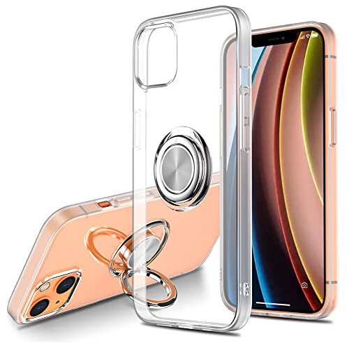 Ptny Transparente Housse pour iPhone 13 et iPhone 14 Coque avec Support, Coque avec Anneau Rotatif 360 °, Slim Transparente Housse de Protection en Silicone Souple TPU Antichoc Étuis