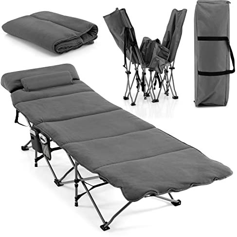 COSTWAY Cama de Camping Plegable de Viaje, Colchón y Almohada Extraíbles, Cama de Camping Portátil y Duradera, Carga hasta 200 kg, 185x65x41 cm, Tumbona Plegable para Adultos(Gris)