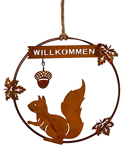 ZauberDeko Herbst Deko Eichhörnchen Metallschild zum Aufhängen Edelrost Metall Ø 20cm 2 Motive, Modell:Liegend