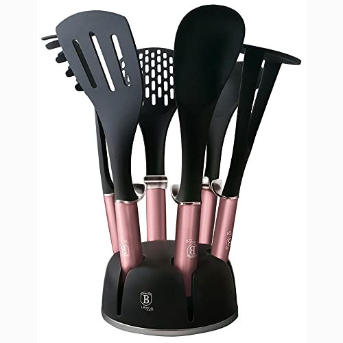 Berlinger Haus I-Rose Set Utensilios Cocina de Nylon 6 Piezas Soporte Giratorio 360, Antiadherentes Libre de BPA, Resistentes al Calor, Diseño Moderno, Rosa