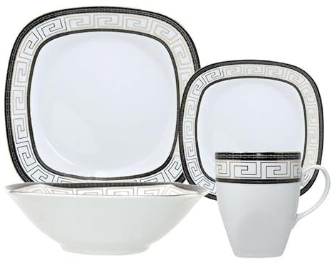 16 Piece Square Porcelain Dinner Set for 4 4X Dinner Plates, 4X Side Plates, 4X Bowls 4 Mugs Gift Kitchen Dinnerware Tableware Set, Microwave/Dishwasher Safe Highly Resistant (Aztec)