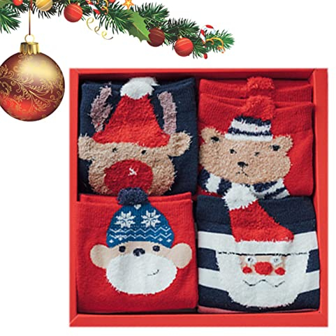 Bexdug Weihnachtssocken für Damen | 4 Paar, Urlaub, Weihnachten, Neuheit, Bunte Muster - Knit Crew Weihnachtssocken mit Geschenkbox, Bequeme Weihnachtssocken aus Baumwolle