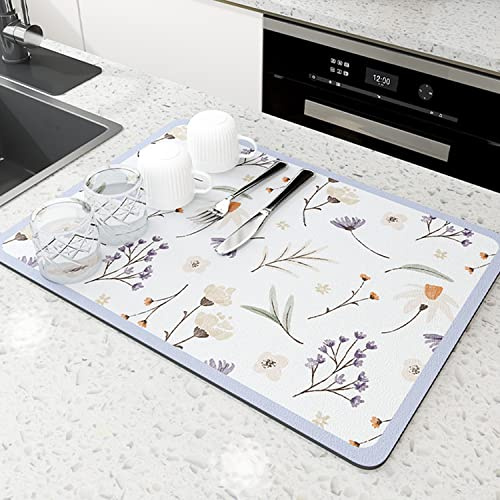 AMOMYDOG Alfombrilla Escurreplatos, Súper Absorbente Alfombrilla Fregadero, Tapete Escurridor Secado Rápido, Alfombrilla Cafetera Drying Mat para Encimera Cocina (Flora, 30 x 40cm)