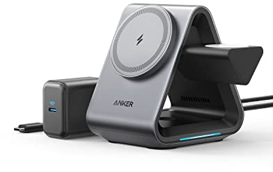 Cargador MagSafe, Cargador Anker 737 MagGo (estación 3 en 1) con Carga rápida máxima de 15 W con certificación MFi, para iPhone 14/13 Series, Apple Watch, AirPods (Cargador USB-C de 30 W Incluido)