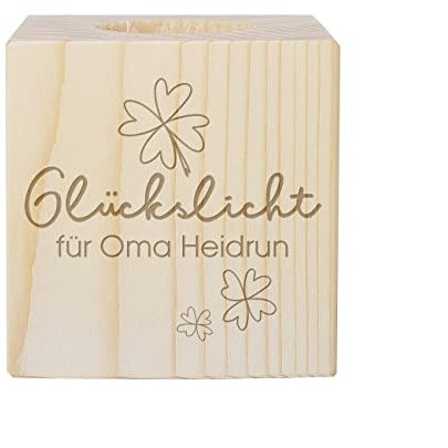 Herz & Heim® Teelichthalter Würfel aus Holz mit Gravur Glückslicht