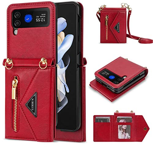 Jeelar ESONG Handyhülle für Samsung Galaxy Z Flip 3,Stoßfest Handytasche Case Cover mit Kartenfach/Ständer,PU Leder Magnetic Hülle,Brieftasche Schutzhülle-Rot