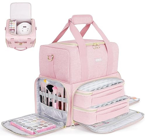 Nagellack Organizer Tasche,Doppelschichtige Nagellack Aufbewahrung Tasche für 80 Flaschen (15 ml) und eine Nagellampe,Groß Schminkkoffer mit Aufbewahrungsfächern,Nagellack Organizer,Rosa