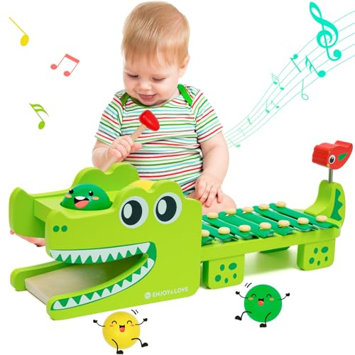 YULEYU Xylophone et jeu de marteau avec xylophone extensible, bois Montessori en forme de crocodile, jouet en bois multifonction, jouet éducatif, jouet de motricité cadeau à partir de 1, 2, 3, 4 ans