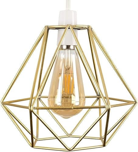 DC VOLTAGE Retro Style Gold Metal Basket Cage Ceiling Pendant Light lamp Shade Geometric Easy Fit Diamond Metal Wire Cage Ceiling Light Lampshade for Living Room, Restaurants (Gold)