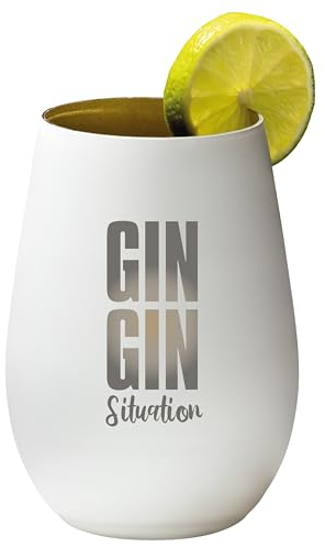 4you Design Gin Tonic Glas mit Spruch GIN GIN Situation – Geschenk für Männer, Frauen zum Muttertag oder Vatertag – Tumbler-Party-Glas aus Kristallglas – sehr bruchsicher – Weiß-Gold – 465ml