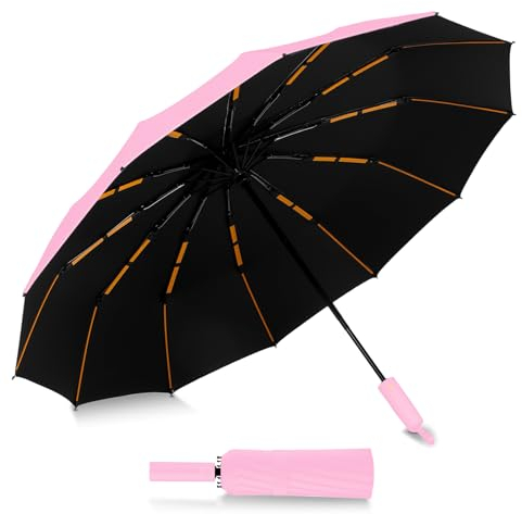 MSIHEY Sturmfester Automatik-Reiseschirm Mit 12 Rippen - Großer Windbeständiger Regenschirm, Faltbar Und Leicht für Herren Und Damen (Rosa)