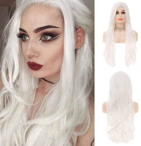 Weiße Lange Lockige Perücke für Frauen Welliges Haar Synthetische Faser Cosplay Tägliche Perücken Weiße Perücken
