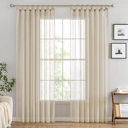 EMEMA Gardinen Transparent Vorhang Set Wohnzimmer Voile Schlaufenschal mit Bleibandabschluß 2er-Pack Wohnzimmer Luftig Dekoschal für Schlafzimmer 140 X 245 cm (B x H) Beige