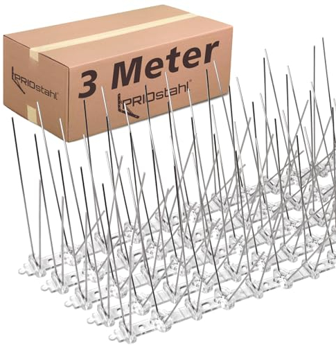 PRIOstahl Taubenabwehr Taubenspikes Vogelabwehr mit Kunststoffgrundplatte 4-reihig 3 Meter (6 x 0,50cm Spikes) Vogelschutz Abwehr für Balkon Dach Fenster UV-Beständig & rostfrei Edelstahl V2A