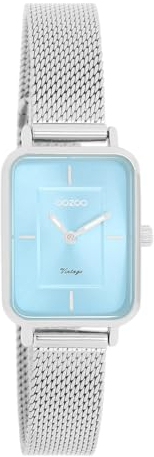 Oozoo Vintage Damen Uhr Silber/Hellblau | Armbanduhr Damen mit Mesharmband | Moderne Uhr für Frauen | Edle Analog Damenuhr in rechteckig C20351 (24x28mm Gehäuse)