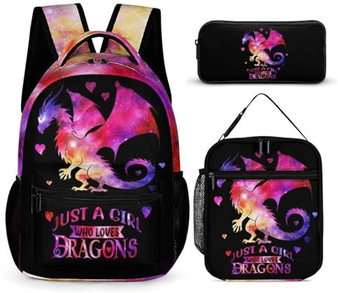 CaomeiWu Drachen-Schulrucksack, 40,6 cm, Drachen-Büchertasche für Kinder, Mädchen, Jungen, Schulrucksack für Schüler und Kinder, Drachen-Rucksack 1 mit Lunchtasche, Federmäppchen, Tagesrucksäcke