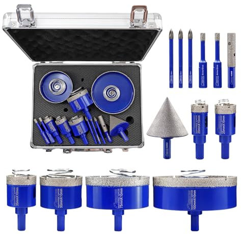 SHDIATOOL Forets Diamantés Kit Scie Cloche Diamantée 13 pièces(8pièces 6-100mm+50mm Forets pour Chanfrein+10mm Forets à Doigts+3pièces 6mm Forets en Carbure) pour céramique, porcelaine, marbre, granit