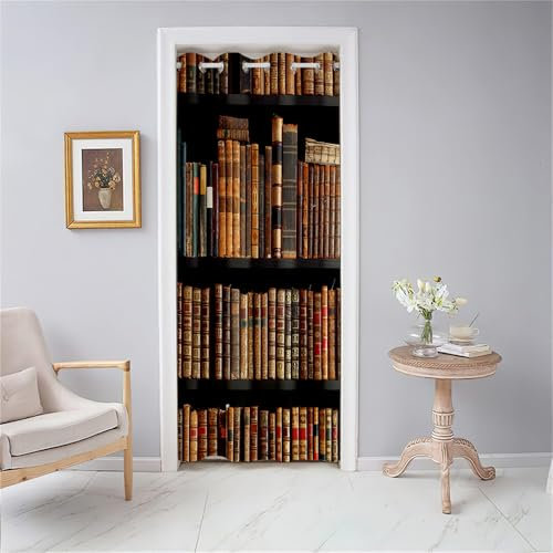 Odot Rideau de Porte Intérieur à Œillets, Occultant Isolant Thermique Imprimé Étagère à Livres Rétro 3D, Séparation de Pièce pour Chambre Cuisine Salon (80x180cm, Style E)
