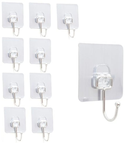 sundrerfect Ganci Autoadesivi, Confezione da 10 Trasparenti, Alta Tenuta, Senza Foratura, Ganci Multifunzionali per Parete per Cucina, Bagno, Capacità 50kg