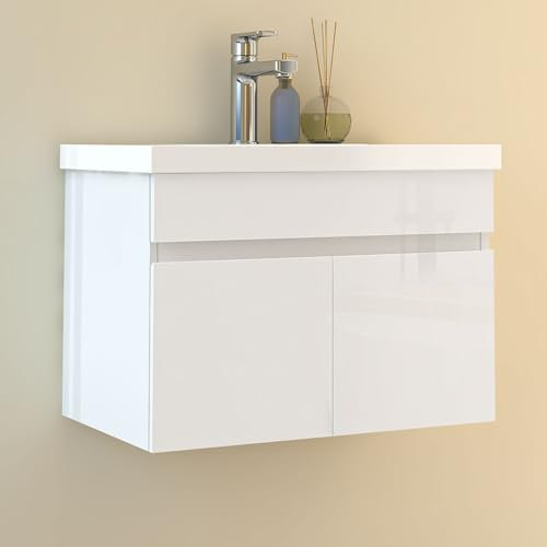 HAPAOSO 60 cm Waschtisch mit Unterschrank Badmöbel Set mit Waschbecken Mineralguss Gäste WC Hochglänzend Weiß