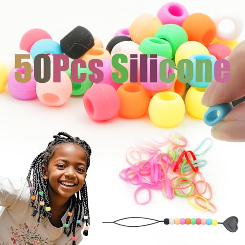 Silicone Hair Beads for Girls Braids, 50pcs Beads for Hair Beaders for Braids Soft Colorful Pony Beads Bulk for Girls Women Hair Accessories for Braids