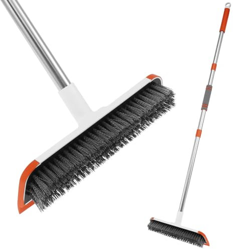 Sutowe Floor Scrubbing Brush with Squeegee Hard Stiff Bristle Cleaning Brush with 3 section Handle Bath Scrubber Floor Grout Cleaner for Floors Corner Gap Tiles Patios Swimming Pool