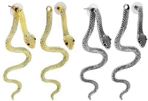 2 Paar Schlangen Ohrringe Damen, Gothic-Schlangenohrringe Schlangen-Tropfenohrringe Punk-Schlangenohrringe Statement-Schlangenohrringe für Halloween Cosplay Partygeschenke (Silber, Gold)