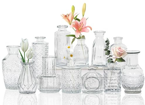 Lot de 12 petits vases en verre transparent avec couvercles pour décoration de table, mariage, réception, maison, bouteilles vintage (12, transparent)