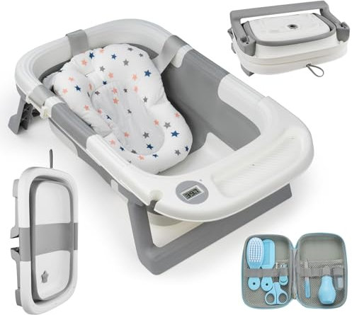 Truevaste Babybadewanne Faltbare für Neugeborene Kleinkinder 0-3 Jahre, Babywanne mit Rutschfeste Matte & 7er Pflege-Set, Tragbare Baby Bathtub mit Integrierter Temperaturfühler, Grau