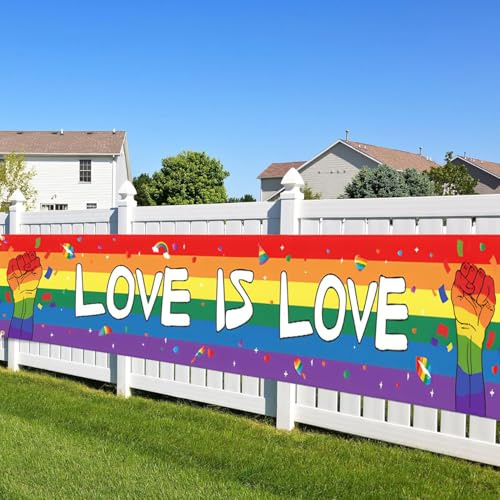 Pride Banner Regenbogen Flagge, Love is Love Banner LGBTQ Regenbogen Pride Flagge für Pride Month Indoor Outdoor Party Dekorationen