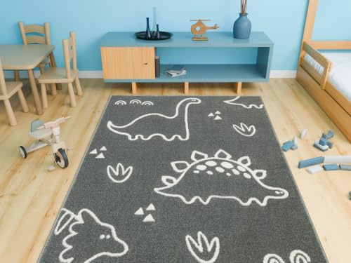 AKCILA Kinderteppich Lima rechteckig 140x190cm Cartoon Dinosaurier in Grau | Teppich für Kinderzimmer und Jugendzimmer, Kinderteppich mit prähistorischer Landschaft
