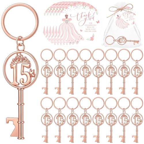 Sliner 50 Sets Quinceanera Party Favors for Guests 15 Birthday Keychain 15 Years Old Bottle Opener Thank You Tags Quinceanera Gift 15 Birthday Quince Party Souvenirs for Girl Adults (Rose Gold)