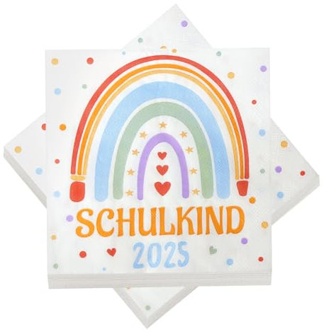 32 Stück Schulkind Servietten Regenbogen, 2025 Einschulung Servietten Tischdeko Mädchen Junge Kinder Schulanfang Deko, Schulkind Deko, 3-lagig 33 x 33 cm