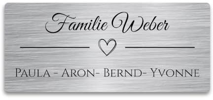 Türschild Edelstahl für Briefkasten und Haustür 80x35mm - selbstklebend (optional) - Personalisiert mit Symbolen | Bankschild Familienschild Herz Klingelschild Briefkastenschild Namensschild Klingel