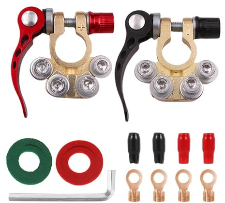 2Pcs Battery Terminal Connector Quick Release, 4 Way 12V Car Battery Terminals, Positive and Negative Battery Pole Terminals Clamps, Brass Car Batterys Terminal Connectors for Cars, Trucks, Boats